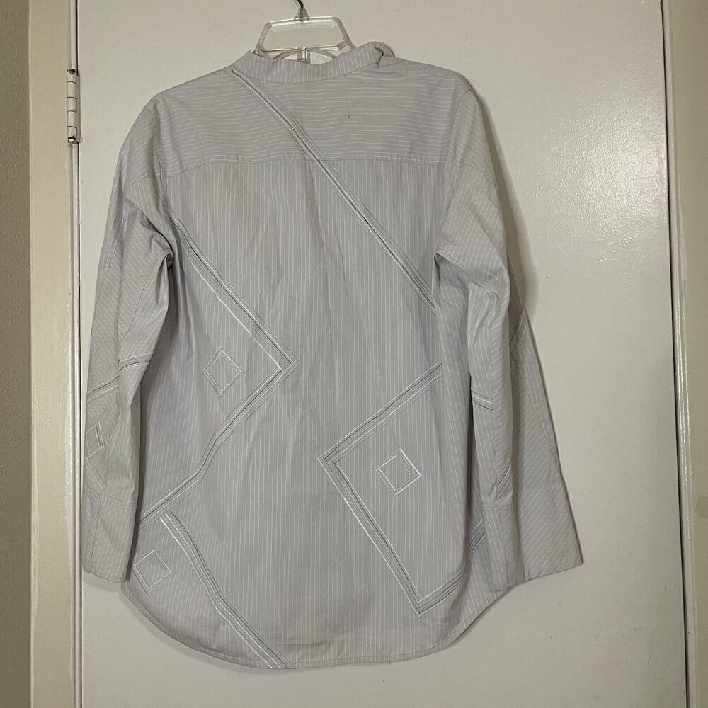 LAFAYETTE 148 new york gray stripe diamond button down cotton blouse medium - Picture 3 of 6